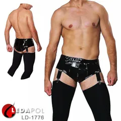 ガーターベルト 男性用 メンズ 下着セット ショーツセット 短パン 一体型 エナメル 光沢PVC黒ブラック クリップ 留め具 セクシー過激ボンテージ エッチ 衣装 コスプレ ハロウィン 仮装 イベント 小さいサイズSM大きいサイズL★2