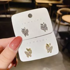 キラキラ ストーン ダブルバタフライ 蝶々 小ぶり ピアス スタッドピアス ゴールド シルバー