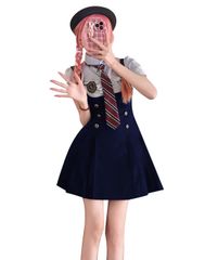 M_ブルー+ネイビー [Wuzfully] ワンピースセット ジャンパースカート+シャツ JKセット 制服 レディース 仮装 blue M