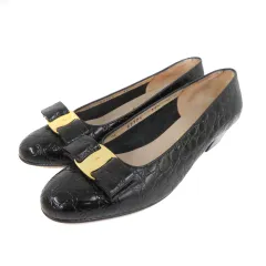 サルヴァトーレフェラガモ Salvatore Ferragamo パンプス ローヒール ラウンドトゥ レザー ヴァラリボン クロコ型押し ロゴ 5.5 22.5㎝ 黒 ブラック /YK11 ■GY18