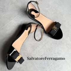 極美品 SalvatoreFerragamo サルヴァトーレフェラガモ ヴァラリボン ウェッジソールサンダル アンクルストラップ ブラック ゴールド 6D 23.5cm レディース 高級ブランド