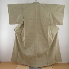 紬 着物 砂色ｘ黄緑 よろけ縞 袷 バチ衿 正絹 カジュアル着物 仕立て上がり 身丈155cm