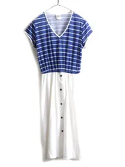 【お得なクーポン配布中!】 80s ビンテージ USA製 Vネック ボーダー フレア ワンピース M ワンピ