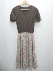 ◇ ◎　⊂ Tiaclasse　ティアクラッセ 花柄　異素材 半袖 膝下丈 フレア　ワンピース サイズ7 ブラウン レディース P 【1409090003417】