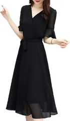 kokochie(ココチエ) ワンピース 黒 半袖 大きいサイズ おおきいサイズ おしゃれ ゆったり 冠婚葬祭 ブラックフォーマル パーティ ドレス シフォン ひざ下丈 ミディ丈 2XL( ブラック,  2XL Long)