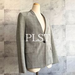 【匿名発送】PLST プラステ　ウォームリザーブカラーレスジャケット　Sサイズ　グレンチェック　ブルーライン　内ポケット　スーツ　レディースアウター