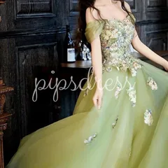 グリーン チュールドレス L 刺繍 花柄 ビジュー付き オフショルダー ボリュームスカート 演奏会 ステージドレス 発表会 ウエディング パーティー