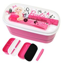 バービー　2段ランチボックス　ピンク色×白色×黒色　お箸・ランチベルト付きお弁当箱　日本製　Barbie lunch box　芭比 便當