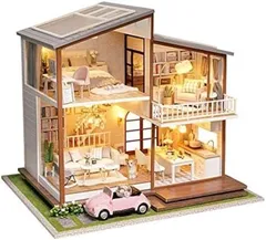 [新品※未使用] Apaeofl ドールハウス ミニチュア 手作りキット セット コーギー 犬 と暮らす 二階建て の 家 ナチュラル サボテン ピンク 車 カー シャンデリア | LEDライト + アクリルケース