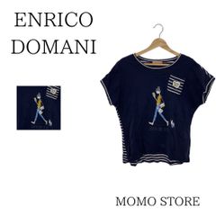 ENRICODOMANI エンリコドマーニ トップス Tシャツ カットソー 半袖 ラウンドネック ドルマンスリーブ レディース ブラック 前プリント柄 後ボーダー柄 ボーダー 日本製