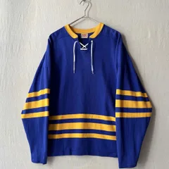 カナダ製 60s 70s レーヨン フットボール Tシャツ / ブルー イエロー ボーダー レースアップ ロンT 長袖 USA ビンテージ T5-05003-2343