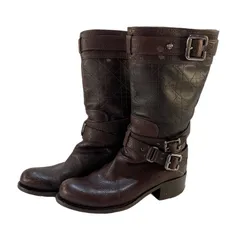 ★CHRISTIAN DIOR ディオール キルティング レザー バックル ストラップ バイカー ブーツ ショートブーツ ブラウン 表示サイズ35.5