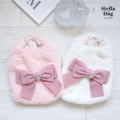 【閉店セール60%OFF】カメリアリボン付きフェイクファーベスト　コート　暖かい　犬服　ドッグウェア