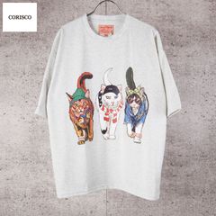 新品 CORISCO コリスコ 猫 プリント Tシャツ 半袖 メンズ レディース ユニセックス かわいい アニマル プリント カットソー 子猫 cat 3匹 バックプリント Tシャツ tee M L LL オートミール きなり キナリ  181927