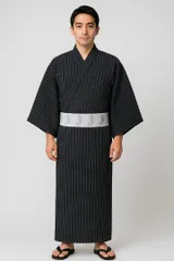 浴衣 単品 男性用 しじら織 綿100％ 仕立て上がり 3L 4L 黒地 縞柄 ゆかた 夏祭り お祭り 花火 NO40467