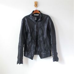 scroll スクロール レザージャケット 皺加工 八の字ジップデザイン 黒 M （w-3421005）
