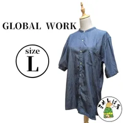 GLOBAL WORK【L】バンドカラー半袖デニムシャツ チュニック丈 青 夏服