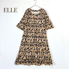 ELLE エル【M】ひざ丈ワンピース　チュニック丈　フレア　総柄　スクエアネック
