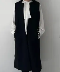 ポケットパール付きボンディングロングベスト ブラック 黒 オケージョン キレイめ 大人カジュアル オフィス 発表会 入学式 卒業式 入園式 卒園式 謝恩会 セレモニー フリーサイズ