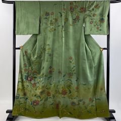 振袖 身丈165.5cm 裄丈69.5cm L 袷 やまと 地紋 緑 正絹 名品