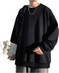 X-cross クロス ゆったり トレーナー メンズ ワッフル 大きいサイズ おしゃれ クルーネック 長袖 無地 ビッグシルエット 薄手 アメカジ アウトドア カジュアル プルオーバー オーバーサイズ ストリート ファッション(ブラック,  M)