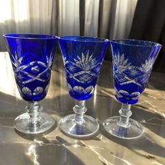 3客セット　手作り　切子　ブルー　ペア　足付きグラス　ワイングラス　ゴブレット