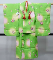 七五三 三歳 女児 被布コート 着物 長襦袢 3点セット 黄緑色 祝着 刺繍入りの半衿 伊達衿縫い付け済 お仕立て無料 NO41211