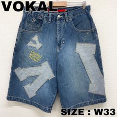 US古着 VOKAL デニム ショートパンツ ロゴ パッチ 刺繍 ひざ下 Y2K W33 インディゴ