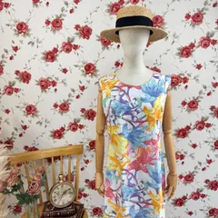 花柄ノースリーブワンピース マルチカラー コットン調 夏ワンピース レトロ可愛い レディース 古着
