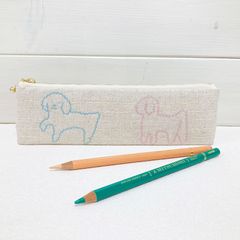 細型ペンケース【トイプードル パステル】　刺し子・綿麻・コットン