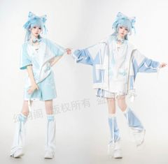 ✨3点セットアップ✨　天使界隈　水色界隈　地雷系 量産型 ゲーミング猫パーカーセット｜ブルー×ホワイト｜レディースファッション コスプレ風 ゆめかわいい　渋谷　原宿　サブカル　服　夏　パーカー　ジャージ　ファッション　サイバー