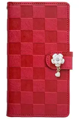 新品 iPhone 13 ケース 手帳型 スマホケース 合皮 PUレザー 市松模様 格子柄 チェック柄 花 ハート カード入れ マグネット ベルト ストラップ付き (iPhone13 ホットピンク)