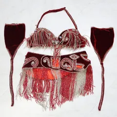 【ベリーダンス用 オリエンタル衣装】ワインレッド ラインストーン ビーズ ベロア生地 赤 シルバー アクセサリー付き 綺麗 ブラトップ ベルト 落ち着いた色合い 華やか