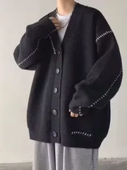 メンズ カーディガン カジュアル ルーズフィット Vネック 無地 ニットセーター ボタンフロント 長袖 春秋 ヴィンテージ風 レイヤリング 快適 おしゃれ