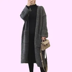 Size:L_Color:グレー [ririka] [リリカ] ロング カーディガン ニット 秋 冬 長袖 ドロップ ショルダー 厚手 ポケット付き あったかい 体型カバー オフィス カジュアル レディース (L, グレー)