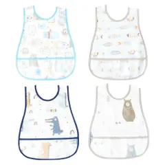 【在庫処分】4枚セット 名前入 保育園 食事用エプロン ベビー お食事エプロン 離乳食 スタイ 汚いにくい [MOMSMENU] 洗いやすいと乾きやすい 軽量 グレー