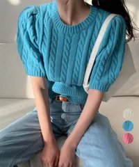 ケーブル編みニットトップス パフスリーブ