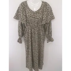 ◇ continuer de NICE CLAUP 花柄 ウエストゴム 長袖 膝下丈 ワンピース サイズF ベージュ グリーン系 マルチ レディース  【中古】 【1204010008783】