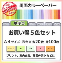【特別価格】色画用紙 まとめ売り A4 中厚口タイプ（0.09㎜／5色×各20枚）全100枚／印刷対応カラーペーパー／パンフレット・プログラム・ラベル・掲示物・プリントに