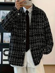 シックなツイード風ポリエステルジャケット - スタイリッシュなモノクロデザイン