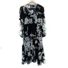 シスレー SISLEY ワンピース マキシ丈 ロング丈 長袖 Vネック フィッシュテール 総柄 シースルー フリル 40 L 黒 ブラック オフホワイト /SM1のサムネイル