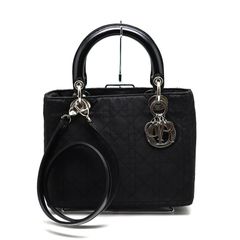 【楠本質店/元住吉】クリスチャン ディオール/Christian Dior　レディディオール　カナージュ　ストラップ付　ブラック　キャンバス地/レザー/シルバー金具　レディース　ハンドバッグ【中古】
