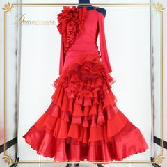 【美品 フラメンコ衣装】レッド＆イエロー 赤 上下セット ツーピース ドレス 美品 スペイン製 フラメンコ衣装】レッド×豪華ボランテ 上下
