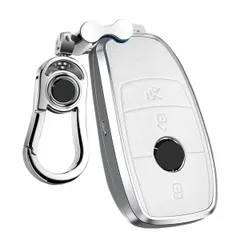 シルバー+ホワイト PELKERDR Mercedes Benz ベンツ キーケース 金属+レザー キーカバー キーホルダー A B クラス C クラス E クラス S クラス CLS Coupe 新型 CLA GLC GLE G クラス エレクトリックキー