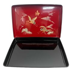 昭和レトロ お盆寿　黒　 お盆　角盆 長手盆 トレー　赤　鶴　昭和レトロ　寿　祝い膳