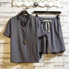 メンズ 綿麻 未使用 上下セット tシャツ パンツ 綿 麻 夏用 甚平 パジャマ 部屋着 リネン 半袖 上下 セットアップ ハーフパンツ ショートパンツ トップス ルームウエア ゆったりyunban63
