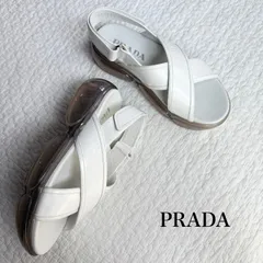 美品 PRADA プラダ ロゴ 厚底 クラウドバスト エアーサンダル スポーツサンダル クロス レザー 白 35 1/2 22.5cm M3
