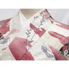 小紋 綸子 袷 霞に扇他伝統文様 オフホワイト 152cm前後ベスト 美品