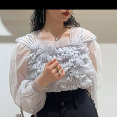 FURFUR ファーファー　チュール フリル ブラウス　ライトブルー　トップス　F  フリーサイズ　シアー　パーティ　結婚式　オケージョン