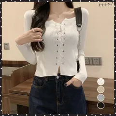 ニットトップス フロントレースアップ秋服プルオーバー レディース リブ編みニット 着やせ ショート丈 ニットカットソー ラウンドネック カジュアルニットソー　長袖 薄手ニット シンプルニットソー 普段着細身トップス